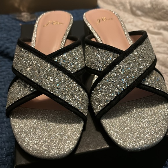 Jcrew glitter two strap sandals. Silver with black trim. - Picture 7 of 10